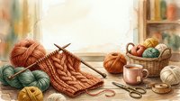Knitting needles and yarn balls arranged on wooden table with scissors, thread spools, and wicker basket containing colorful wool for crafting and needlework projects.