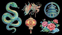 Colorful Chinese New Year clipart set with snake, dragon, lantern, pagoda, and peony flowers, isolated on transparent background, ready for t-shirt design and print on demand.