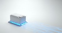 Metallic battery with glowing blue energy waves on white background, isolated for technology and power concepts.