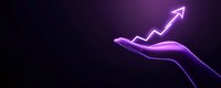 Glowing neon hand holding upward trending arrow graph on dark background, symbolizing business growth and financial success in modern digital style.