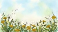 Watercolor wildflower meadow with yellow dandelions and green grass on soft pastel background for spring nature designs and botanical artwork.