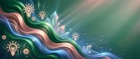 Flowing digital waves with glowing light bulbs and lotus flowers representing innovation, creativity and mindfulness in business technology concept.