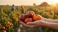 Fresh ripe tomatoes in hands at organic farm during golden hour harvest with workers in background. Agricultural produce ready for market sale.