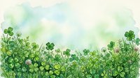 Watercolor green clover field with white flowers and copy space, soft pastel background for St. Patricks Day greeting cards and banners.