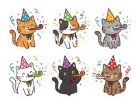 Cute cats wearing colorful party hats and blowing noisemakers surrounded by confetti and streamers. Six isolated cartoon felines in various colors celebrating. Perfect for party invitations, greeting cards, children's designs, and festive occasions.