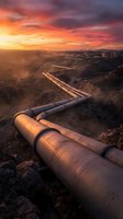 Industrial pipeline infrastructure stretching across desert landscape at dramatic sunset with orange and purple sky colors illuminating metal tubes and distant facility.
