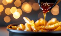Golden french fries with honey or syrup drizzling from metal tongs, against warm bokeh lights background for gourmet food presentation.