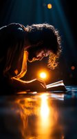 Young person with curly hair reading book in dramatic lighting with orange glow and reflection on dark surface. Moody atmospheric scene captures intimate moment.