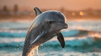 Dolphin leaping from ocean waves at sunset with water splashing, marine wildlife in natural habitat for nature and animal content.