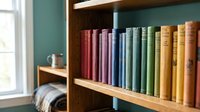 Colorful vintage books arranged by rainbow spectrum on wooden bookshelf in cozy reading nook with natural window light for home library interior design.
