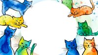 Colorful watercolor cats frame border with white center space for text. Hand drawn feline pets in blue, green, yellow, orange hues. Pet care design element.