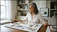 Mature woman with gray hair and light skin tone, wearing white button-up shirt, reviewing design samples and color swatches at wooden desk in modern home office with shelving.