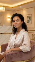 Young mixed-race woman with curly hair in silk robe sitting on velvet chair in luxury hotel room, relaxation and self-care lifestyle concept.