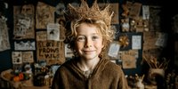 Young blonde boy wearing golden paper crown smiling in cozy room with vintage posters and warm lighting for creative storytelling projects.