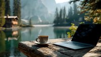 Laptop and coffee cup on wooden dock by mountain lake with cabin, remote work outdoor office setup for digital nomad lifestyle and nature productivity.