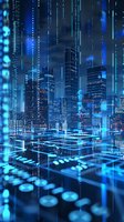 Futuristic cityscape with glowing blue digital network grid and falling matrix code against modern skyscrapers background, representing digital transformation.