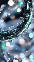 Swirling water droplets and bokeh lights create magical atmosphere in turquoise and white tones, macro photography with selective focus for abstract background design.