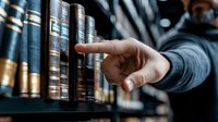 Male hand pointing at vintage blue and gold books on wooden library shelf, selective focus on finger against blurred background of antique book spines.