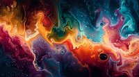 Vibrant cosmic fluid art with swirling colors of orange, red, teal, and purple creating an abstract galaxy-like pattern with flowing textures.