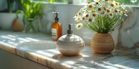 Fresh daisies in terracotta vase on marble countertop with soap dispenser and morning sunlight casting soft shadows through window, bathroom interior.