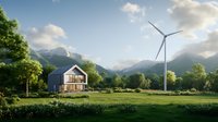 Modern eco-friendly house with large windows surrounded by green meadow and mountains, wind turbine generating sustainable energy in scenic landscape.