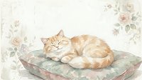 Ginger tabby cat resting on floral cushion with vintage botanical roses and leaves background, suitable for home decor, greeting cards, and pet-themed designs.