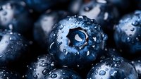 Fresh ripe blueberries with water drops in macro view showing natural texture and juicy surface, dark blue color and selective focus for food design.