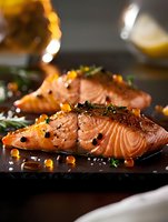 Grilled salmon fillets garnished with red caviar, fresh herbs, and black pepper on dark stone plate, close-up shot with selective focus and warm lighting.