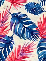 Vibrant seamless pattern with navy blue monstera leaves and coral pink palm fronds on light background. Tropical foliage repeats for textile and surface design.