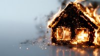 Burning house model with glowing windows and flying sparks against dark background creates dramatic atmosphere for emergency and disaster concepts.