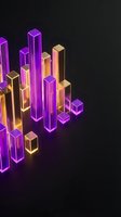 Neon glowing isometric bars in purple and gold on dark background. Modern digital art for tech, business analytics, data visualization, and futuristic design projects.