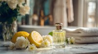 Elegant perfume bottle with fresh lemon and white flowers on marble surface, creating luxurious spa atmosphere for beauty product photography.