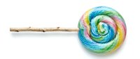 Colorful spiral lollipop with rainbow swirls attached to wooden stick, isolated on white background for candy, confectionery, and dessert design projects.