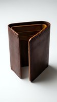 Open dark brown leather trifold wallet with card slots and warm tan interior, isolated on white background for fashion and retail use.