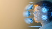 Futuristic artificial intelligence visualization with glowing circuit patterns and digital elements merging with human silhouette profile against gradient background.