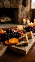 Cozy cheese and charcuterie board with grapes, crackers and persimmon by warm fireplace with candles creating romantic dining atmosphere for entertaining.
