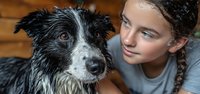 Young girl with braided hair bonding with wet border collie dog after bath time, showcasing pet care and companionship in cozy home setting.