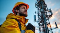 Hispanic male telecommunications engineer in yellow safety jacket and orange hard hat inspecting cell tower during sunset, low angle view capturing determination and expertise.
