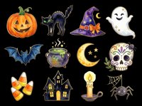 Halloween icons collection featuring jack-o-lantern pumpkin, black cat, witch hat, ghost, bat, cauldron, crescent moon, sugar skull, candy corn, haunted house, candle, and spider on transparent background. Ready for t-shirts, stickers, clipart, sublimation, and print-on-demand designs.