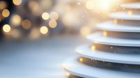 Minimalist white ceramic plates stacked in artistic composition with golden bokeh lights and sparkles creating elegant festive atmosphere for holiday dining.
