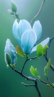 Delicate light blue magnolia flower blooming on branch with fresh green leaves against soft emerald background, perfect for spring nature photography, wellness and spa designs.