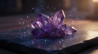 Magical purple amethyst crystal cluster with sparkling light effects on dark surface for spiritual healing meditation and gemstone therapy concepts.