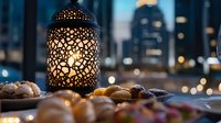 Glowing decorative lantern with oriental pattern casting warm light over assorted cookies and pastries against blurred city lights background at dusk.