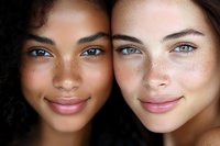 Two young women with different skin tones showcasing natural beauty and diversity in close-up portrait for skincare and cosmetics campaigns.