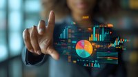 Business professional interacting with futuristic holographic financial charts and graphs displaying market data analytics in modern office environment.