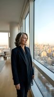 Confident mature businesswoman in dark blazer looking out floor-to-ceiling windows at city skyline from modern office interior during golden hour.