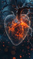 Glowing anatomical heart with orange energy flowing through neural network connections against dark blue background.
