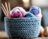 Cozy knitted gray basket filled with colorful yarn balls in pink, blue and purple shades and wooden knitting needles, captured with soft natural lighting.