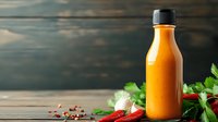 Fresh orange carrot juice in bottle with raw vegetables and spices on rustic wooden background, healthy detox drink for wellness and diet programs.