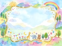 Watercolor pastel rainbow landscape with cute animals, gold frame, stars, and clouds. Cheerful kids background for cards, invitations, or nursery prints.